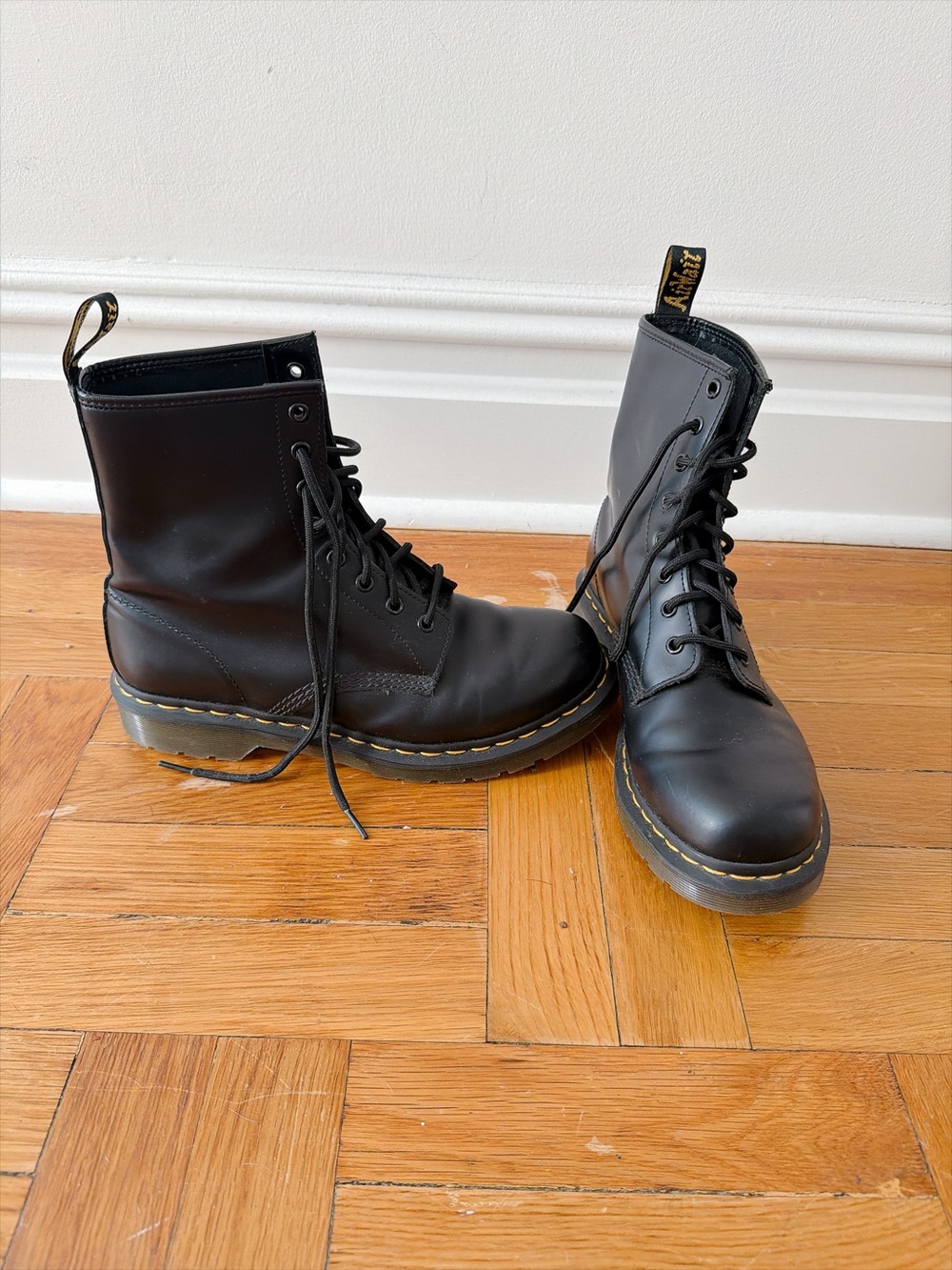 Dr. Martens Black Smooth Leather 8-Eye Lace-Up Boots with Yellow Stitching